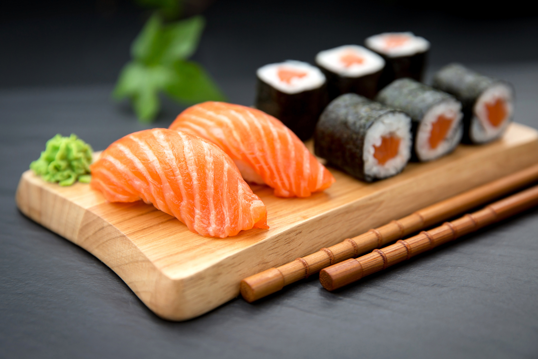 Sushi Nigiri with fresh salmon and Maki roll